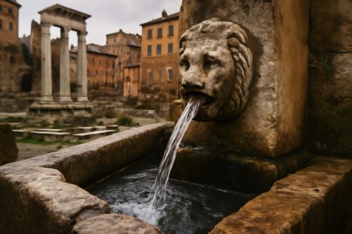 Image of an ancient lion fountain created by Brewminate with AI.