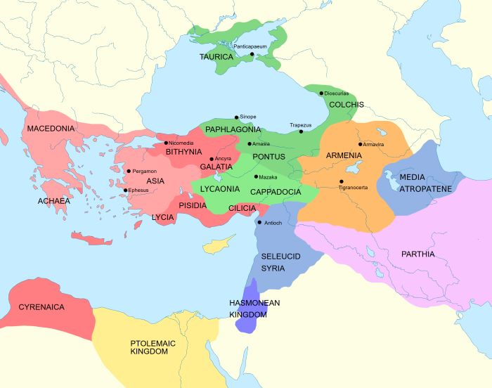 Map of Asia minor, 89 BCE showing Roman provinces and client states as well as Pontic territory