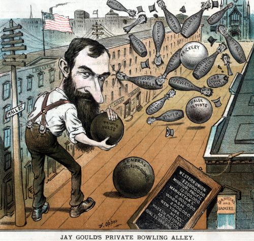 1882 cartoon depicting Wall Street as "Jay Gould's Private Bowling Alley"