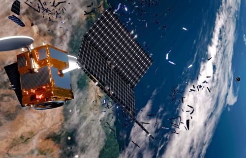 Illustration of a satellite breaking up into multiple pieces at higher altitudes