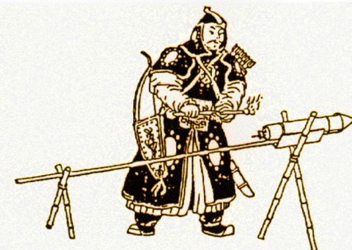 Illustration of a rocket artilleryman preparing to light an early Chinese rocket