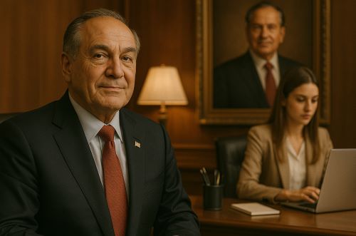 Image of a man in an office with a portrait of himself created by Brewminate with AI