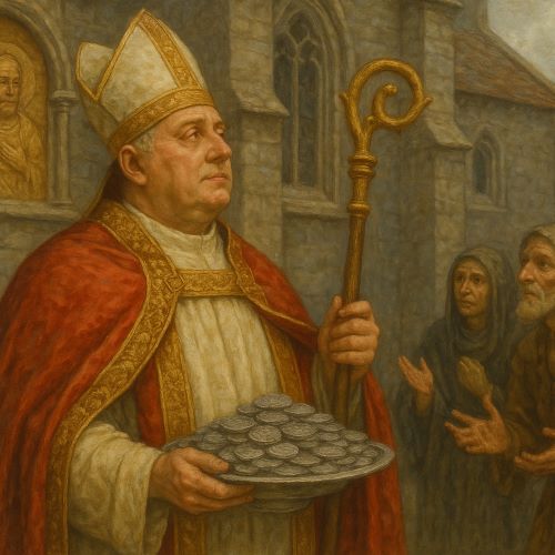 Saints, Sinners, and Silver: How Medieval Elites Justified Their Wealth While Others Starved 11 Image of a wealthy medieval clergyman amid poverty created by Brewminate with AI