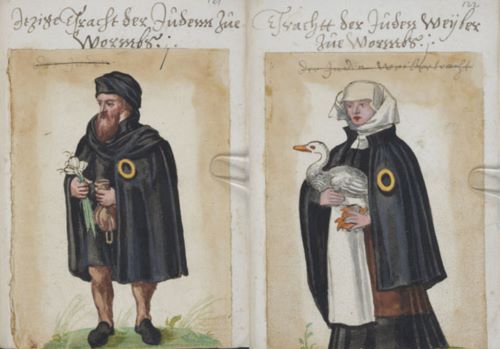 A 16th century depiction of a Jewish couple from Worms, Germany, wearing the obligatory yellow badge