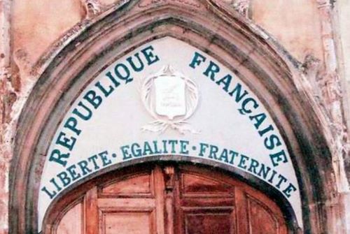 Motto of the French Republic on the tympanum of a church in Aups