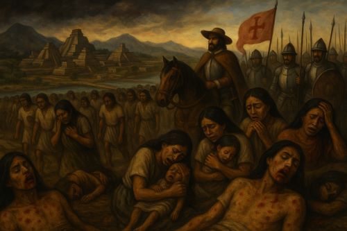 Illustration of Mesoamerican colonialism and disease created by Brewminate with AI