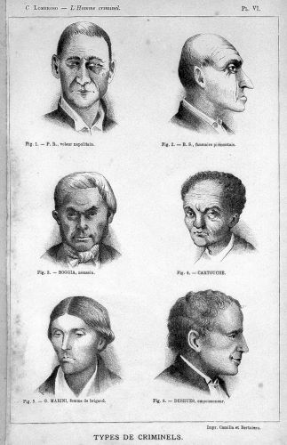 Six figures illustrating types of criminals from Lombroso's Criminal Man