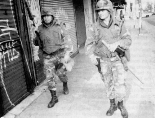National Guard soldiers patrolling the streets during the 1992 L.A. riots
