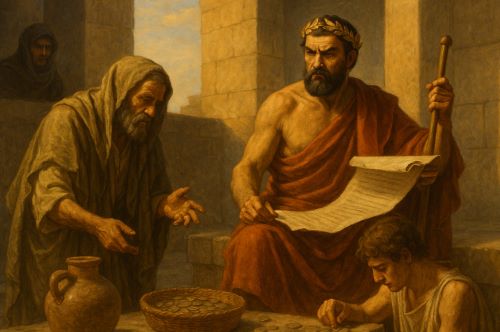 Illustration of an ancient Roman Censor overseeing tax collection created by Brewminate with AI