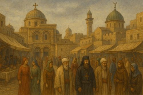 Illustration of the medieval Holy Land created by Brewminate with AI