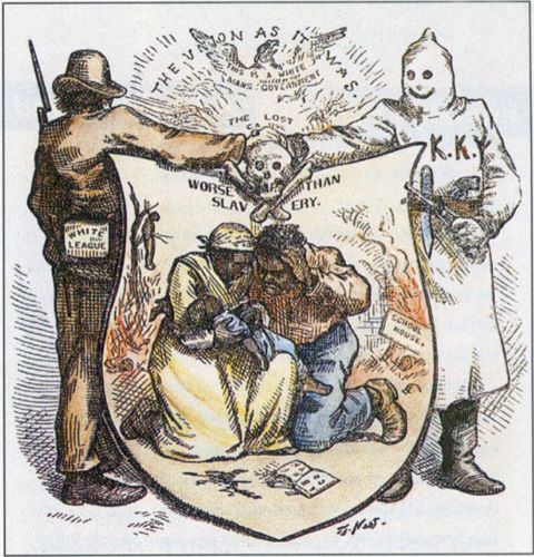 White League and Red Shirts: Racist Paramilitary Terror in the Late-19th Century America 12 White League and Ku Klux Klan alliance, in illustration, by Thomas Nast, in Harper's Weekly, October 24, 1874