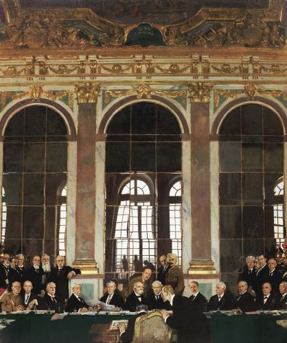 Marble and Monarchy: The Palace of Versailles as Power Scripted in Stone 11 The Signing of Peace in the Hall of Mirrors, by William Orpen, depicts the peace agreement to end World War I, 28 June 1919.