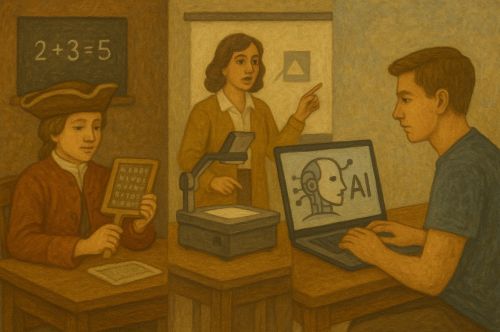 Technology in the Classroom: From Colonial Horn-Books to Modern Artificial Intelligence 2 Illustration of colonial and moder education