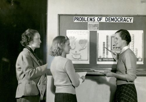 Conservatives Are Changing School Curricula to Exclude 'Democracy' 2 Abbot Academy students with “Problems of Democracy” exhibit, 1938