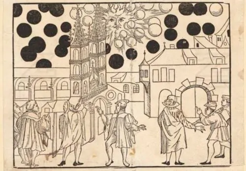 Closeup detail of woodcut art and broadsheet depicting a celestial phenomenon over Basel