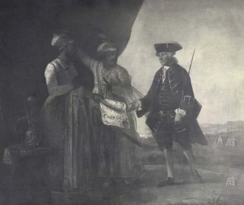 Mir Jafar and his son Miran delivering the Treaty of 1757 to William Watts