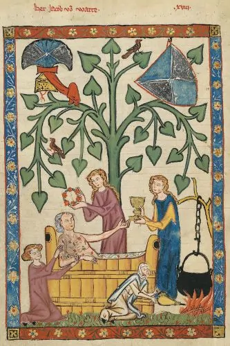 An illustration of a medieval noble taking his bath and being attended to by servants