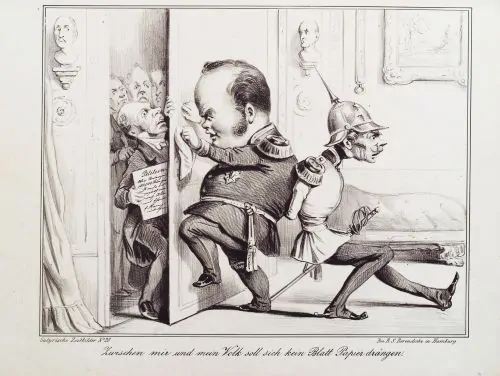 Caricature of Frederick William IV, helped by General von Wrangel, resisting the demands of the National Assembly for a constitution