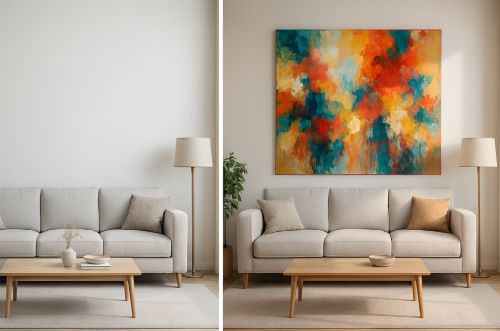 Interior comparison: plain vs. vibrant abstract painting.