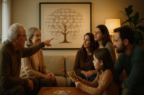 Family discussing genealogy around a family tree chart.