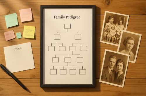 Vintage family tree with portrait photographs and notes.