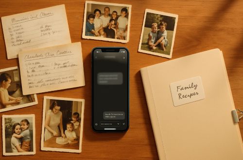 Vintage family photos, recipe cards, and a smartphone on wooden table.