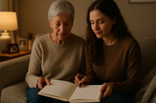 Elderly woman and young woman writing together in notebook.