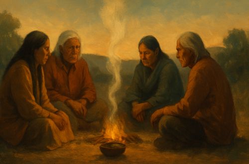 Four people sitting by a campfire at dusk during a traditional indigenous ceremony.