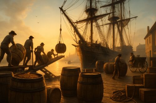 Men unloading large wooden barrels of tobacco leaves on a colonial dock at sunrise.