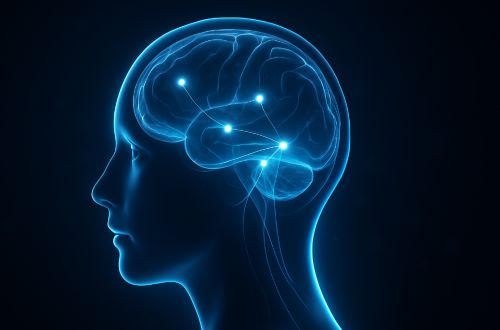 Modern illustration of a human brain showing glowing neural connections and dopamine pathways.