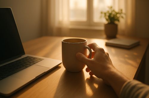Hand holding a morning coffee mug next to a laptop demonstrating daily routine.