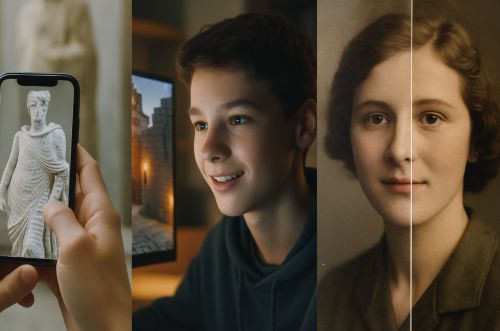 Three images showing art technology and history in focus