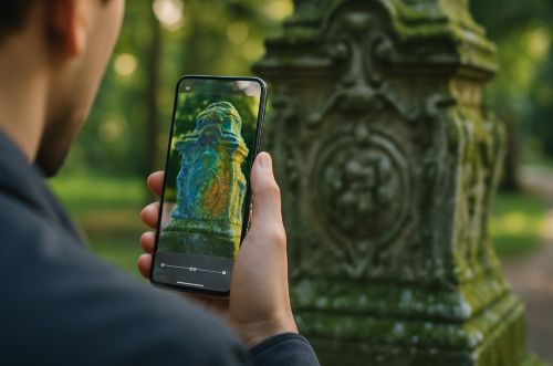 Person capturing a stone monument with smartphone camera