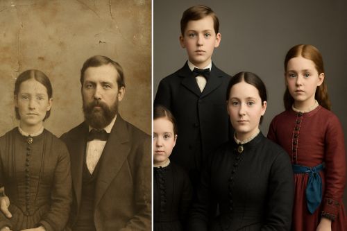 Two vintage style family portraits side by side different eras