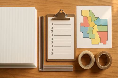 3 Surprising Ways Yard Signs Win Votes 4 Notepad, colored map, papers, and tapes organized on wooden desk.