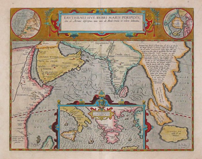 1597 map depicting the locations of the Periplus of the Erythraean Sea