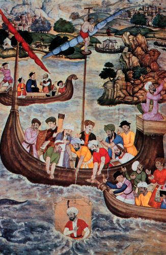 16th century Islamic painting of Alexander the Great lowered in a glass diving bell