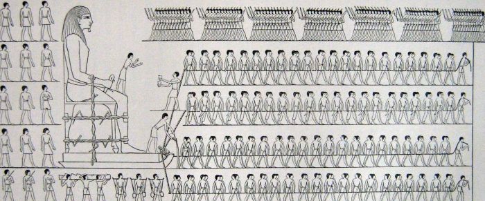 Schematic drawing of the transportation scene on the wall of the tomb of Djéhoutihétep