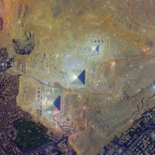Orion's Belt superimposed on the Giza pyramid complex, illustrating the Orion Correlation Theory