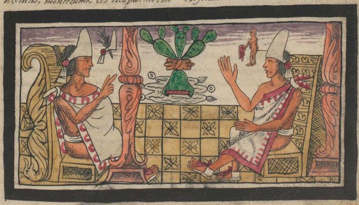 Nezahualpilli telling Moctezuma about the omens warning the destruction of the empire