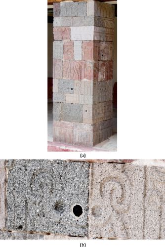 The columns of the patio of the Palace of Quetzalpapolotl retain obsidian mirrors in three key details