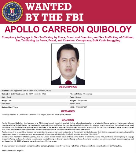 Wanted poster for Apollo Carreon Quiboloy