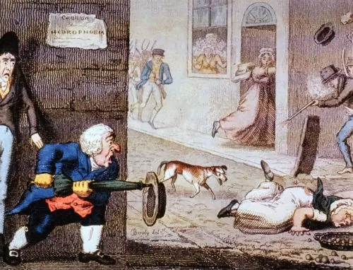 Cartoon of a rabid dog in a London street, 19th century