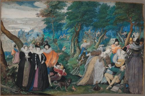 Isaac Oliver's allegorical painting of 1590–95 contrasts virtuous and licentious dress and behavior