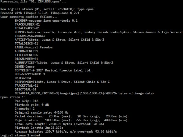 Example of file metadata of an Opus audio file, using Vorbis comment