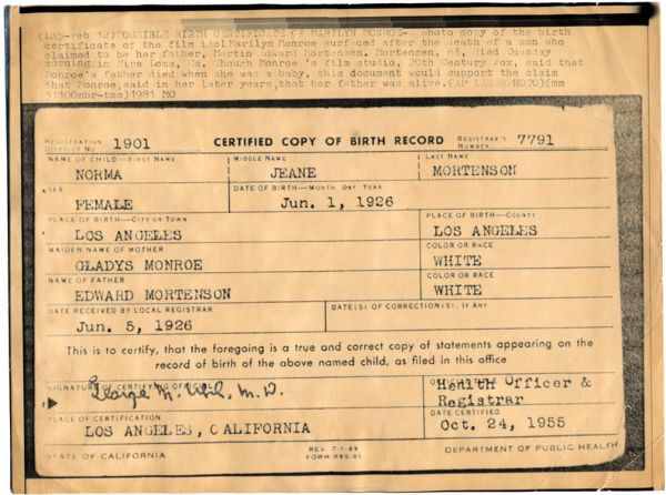 A 1955 legal document certifying the birth of Marilyn Monroe in 1926