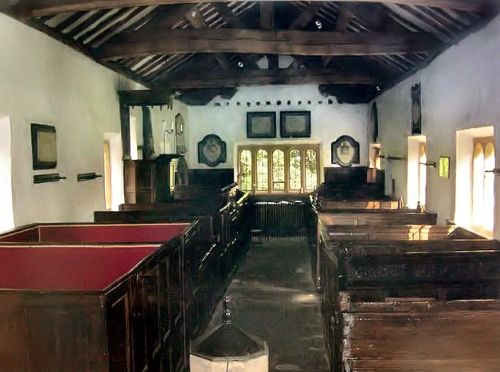 The unrestored interior of the Puritan Chapel, Bramhope, West Yorkshire