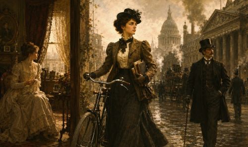 Illustration of a Victorian woman with a bicycle