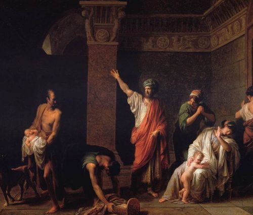 Painting of king Astyages sending Harpagus to kill young Cyrus
