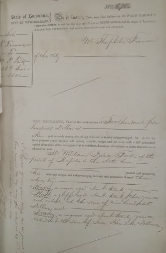 Record of sale from Theophilus Freeman to William Prince Ford of enslaved Harry, Platt (Solomon Northup) and Dradey (Eliza), June 23, 1841